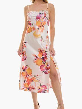 NWOT Socialite Satin White Orange Floral Print Cowl Neck Midi Slip Dress XS